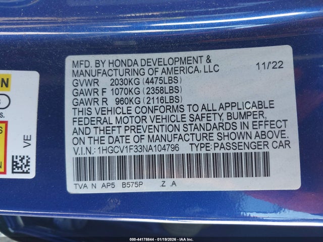 1HGCV1F33NA104796 Honda Accord Sport