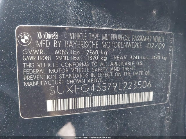 44178907 :رقم المزاد ، 5UXFG43579L223506 vin ، 2009 Bmw X6 Xdrive35i مزاد بيع