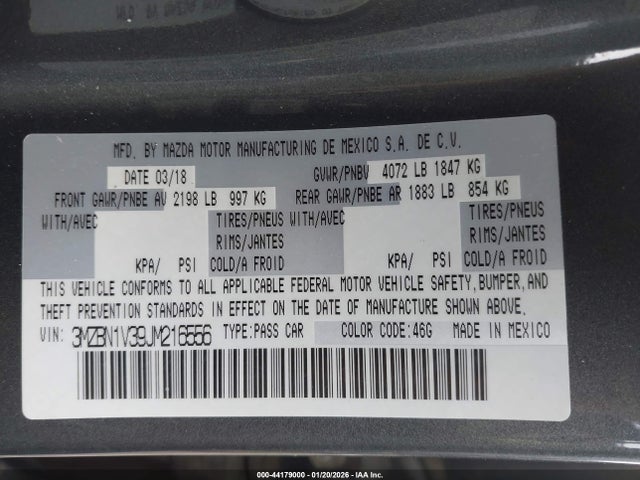 Aukcja sprzedaży 2018 Mazda Mazda3 Touring, vin: 3MZBN1V39JM216556, numer aukcji: 44179000