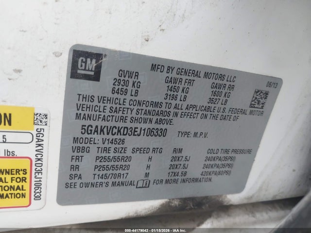 44179042 :رقم المزاد ، 5GAKVCKD3EJ106330 vin ، 2014 Buick Enclave Premium مزاد بيع