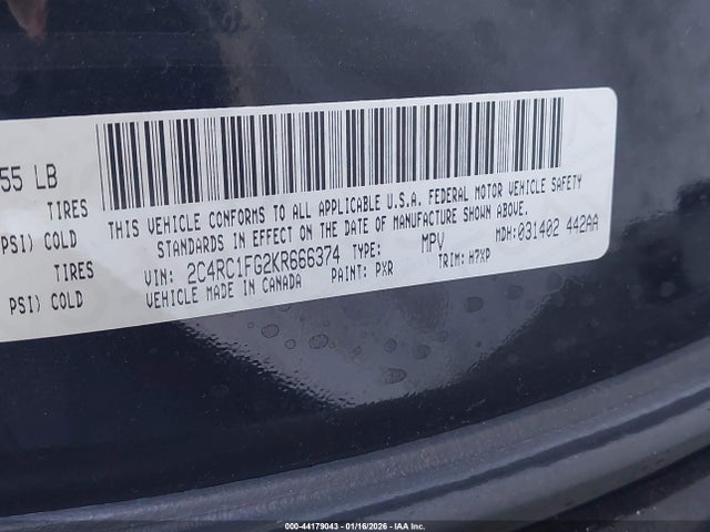 2019 Chrysler Pacifica Touring Plus მანქანა იყიდება აუქციონზე, vin: 2C4RC1FG2KR666374, აუქციონის ნომერი: 44179043