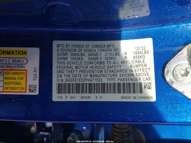 Продажа на аукционе авто 2023 Honda Civic Si Sedan, vin: 2HGFE1E52PH471533, номер лота: 44179115