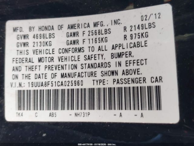 2012 ACURA TL 19UUA8F51CA025960 Photo 8