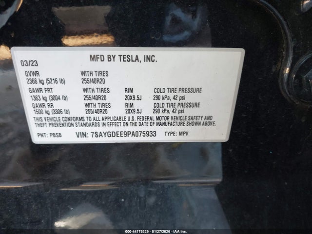 Продаж на аукціоні авто 2023 Tesla Model Y Awd/long Range Dual Motor All-wheel Drive, vin: 7SAYGDEE9PA075933, номер лоту: 44179229