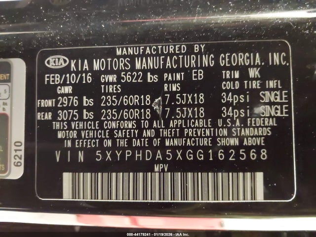 Aukcja sprzedaży 2016 Kia Sorento 3.3l Ex, vin: 5XYPHDA5XGG162568, numer aukcji: 44179241