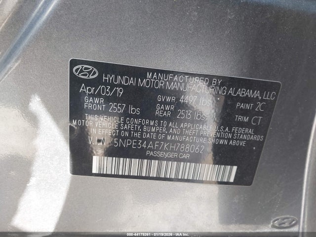 44179261 :رقم المزاد ، 5NPE34AF7KH788062 vin ، 2019 Hyundai Sonata Sel مزاد بيع