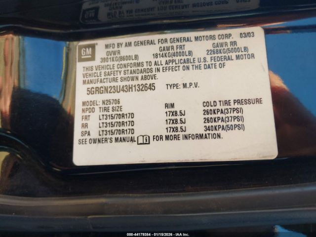 2003 HUMMER H2 5GRGN23U43H132645 Photo 8