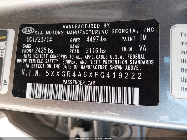 44179454 :رقم المزاد ، 5XXGR4A6XFG419222 vin ، 2015 Kia Optima Sxl Turbo مزاد بيع