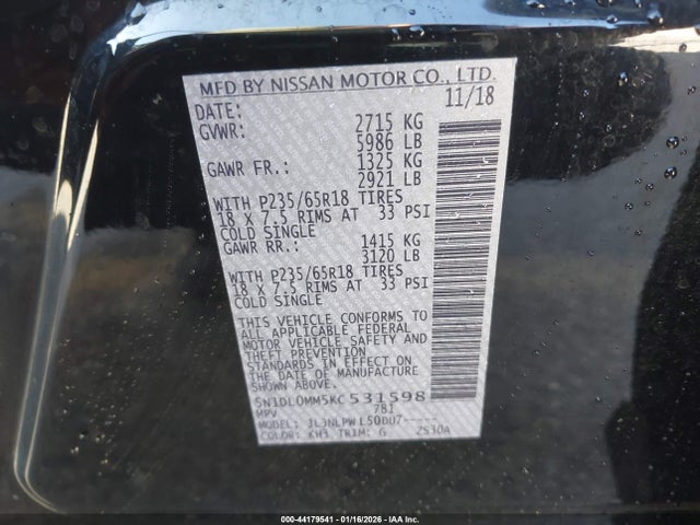 5N1DL0MM5KC531598 Infiniti QX60 PURE