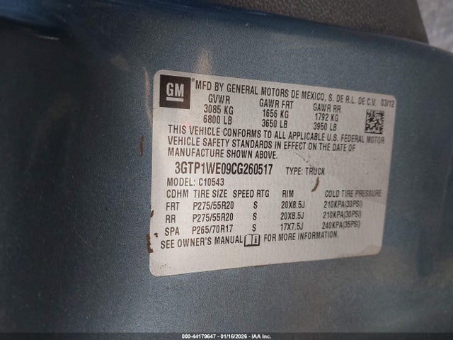 44179647 :رقم المزاد ، 3GTP1WE09CG260517 vin ، 2012 Gmc Sierra 1500 Slt مزاد بيع