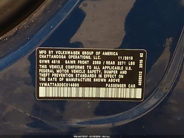 44179707 :رقم المزاد ، 1VWAT7A32GC014890 vin ، 2016 Volkswagen Passat 1.8t S مزاد بيع
