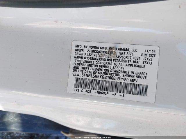 5FNRL5H6XGB160659 Honda Odyssey Ex-l