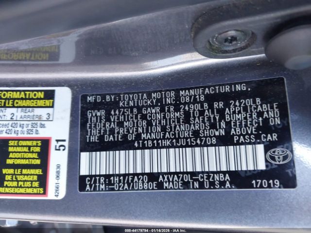 2018 TOYOTA CAMRY 4T1B11HK1JU154708 Photo 8
