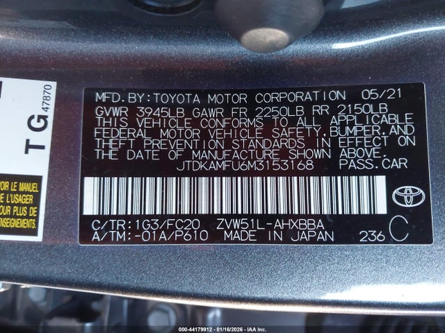 JTDKAMFU6M3153168 Toyota Prius L Eco