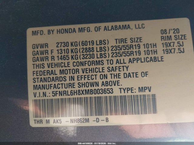 5FNRL6H8XMB003653 Honda Odyssey Touring