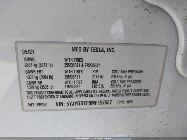Auction sale of the 2021 Tesla Model Y Performance Dual Motor All-wheel Drive, vin: 5YJYGDEF8MF197557, lot number: 44180041