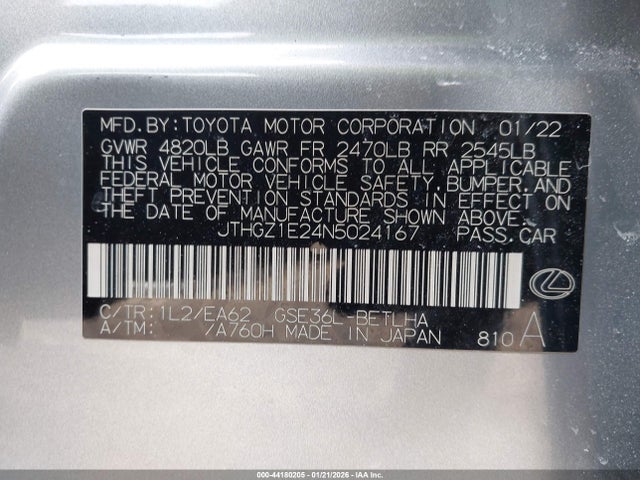 2022 Lexus Is 350 F Sport მანქანა იყიდება აუქციონზე, vin: JTHGZ1E24N5024167, აუქციონის ნომერი: 44180205