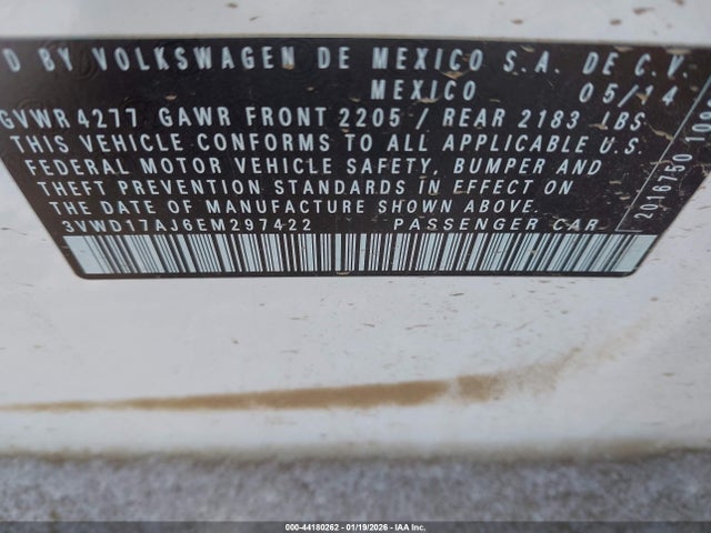 44180262 :رقم المزاد ، 3VWD17AJ6EM297422 vin ، 2014 Volkswagen Jetta 1.8t Se مزاد بيع