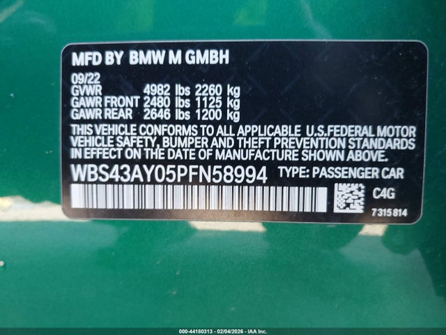44180313 :رقم المزاد ، WBS43AY05PFN58994 vin ، 2023 Bmw M3 Competition Xdrive مزاد بيع