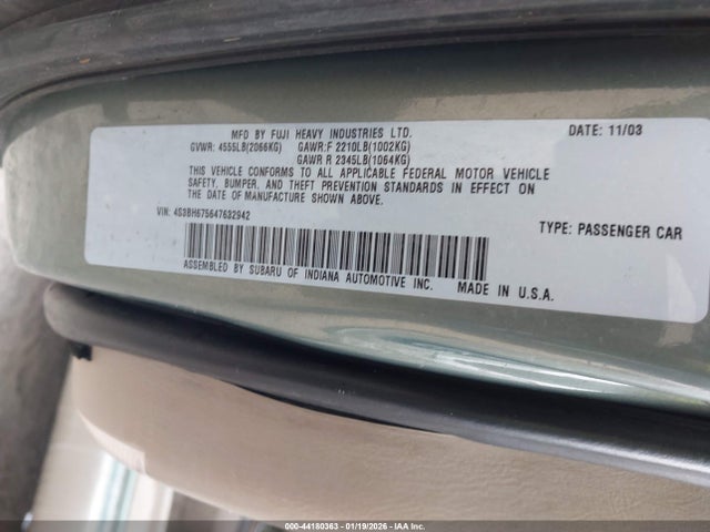 44180363 :رقم المزاد ، 4S3BH675647632942 vin ، 2004 Subaru Outback مزاد بيع