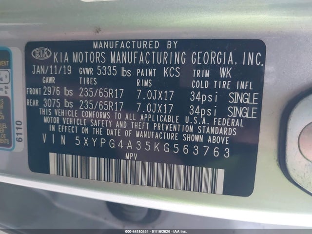 5XYPG4A35KG563763 KIA Sorento 2.4l Lx
