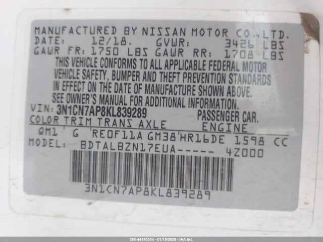3N1CN7AP8KL839289 Nissan Versa 1.6 Sv