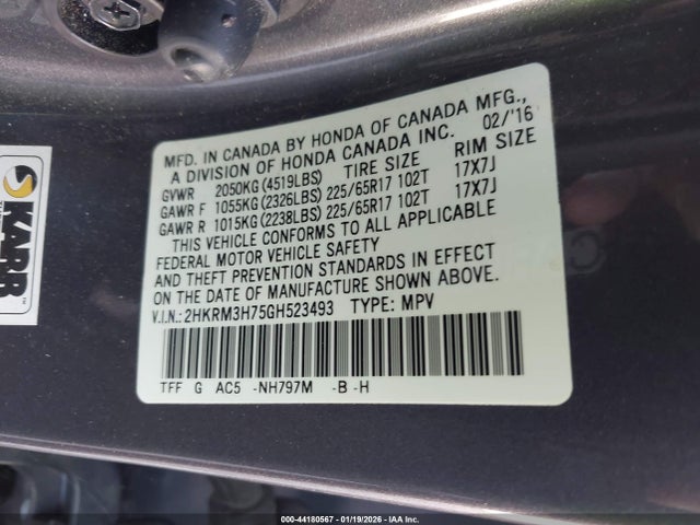 2HKRM3H75GH523493 Honda Cr-v Ex-l