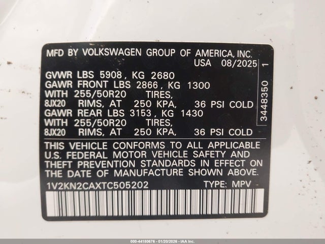 Aukcja sprzedaży 2026 Volkswagen Atlas Se With Technology, vin: 1V2KN2CAXTC505202, numer aukcji: 44180676