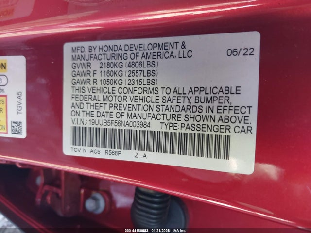Aukcja sprzedaży 2022 Acura Tlx A-spec Package, vin: 19UUB5F56NA003984, numer aukcji: 44180683