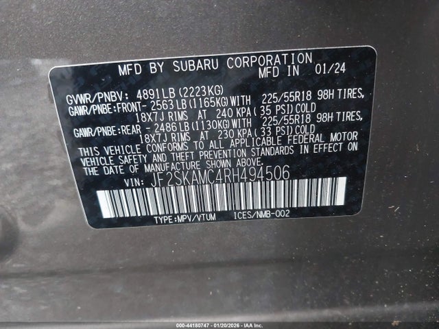 Продаж на аукціоні авто 2024 Subaru Forester Touring, vin: JF2SKAMC4RH494506, номер лоту: 44180747