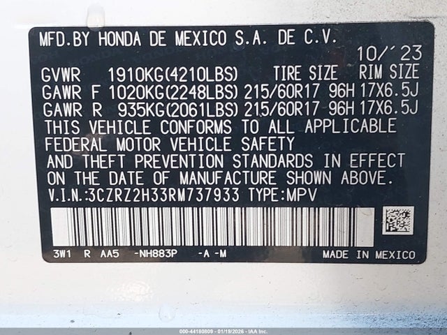 3CZRZ2H33RM737933 Honda Hr-v Awd Lx