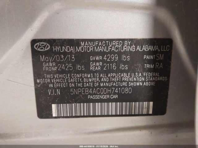 2013 Hyundai Sonata Gls მანქანა იყიდება აუქციონზე, vin: 5NPEB4AC0DH741080, აუქციონის ნომერი: 44180819