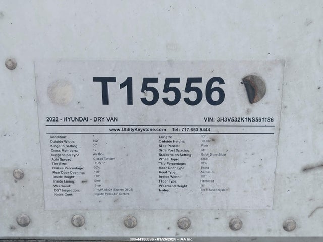 Aukcja sprzedaży 2022 Hyundai Translead Inc Dry Van, vin: 3H3V532K1NS561186, numer aukcji: 44180896