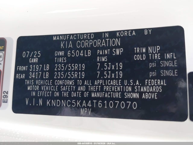 KNDNC5KA4T6107070 KIA Carnival Mpv Hybrid Ex