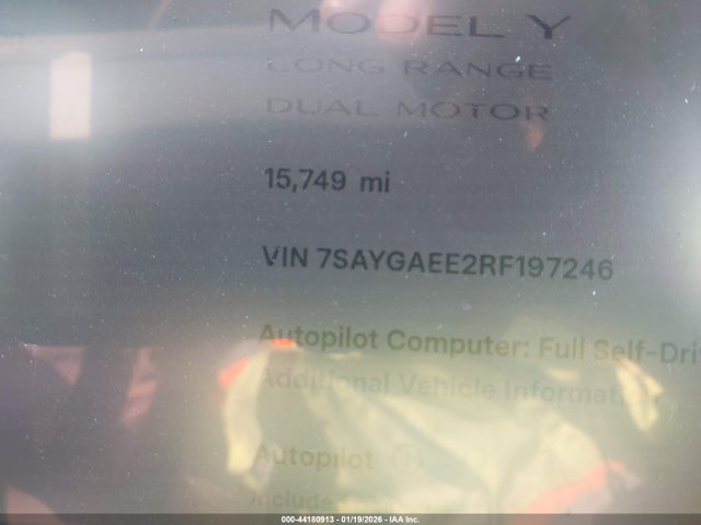 Продаж на аукціоні авто 2024 Tesla Model Y Long Range Dual Motor All-wheel Drive, vin: 7SAYGAEE2RF197246, номер лоту: 44180913