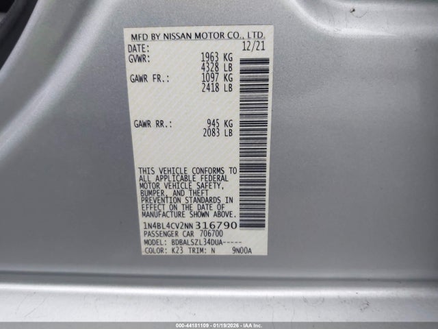 1N4BL4CV2NN316790 Nissan Altima Sr Fwd