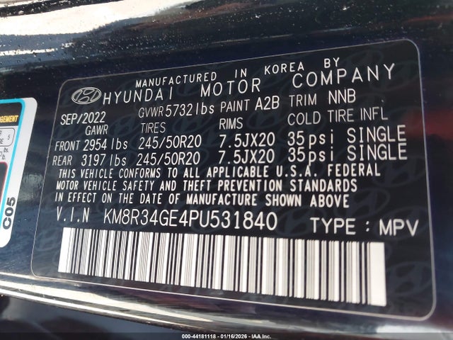 44181118 :رقم المزاد ، KM8R34GE4PU531840 vin ، 2023 Hyundai Palisade Xrt مزاد بيع