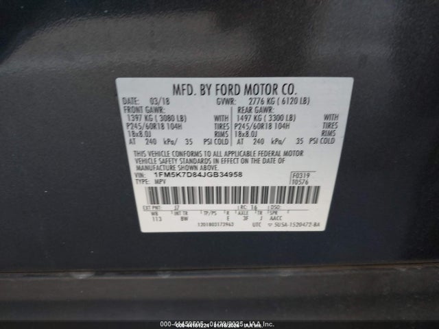 1FM5K7D84JGB34958 Ford EXPLORER XLT
