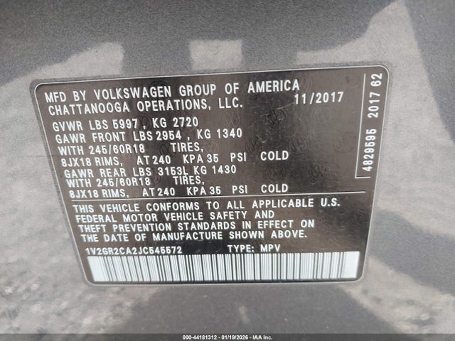 1V2GR2CA2JC545572 Volkswagen Atlas 3.6l V6 S