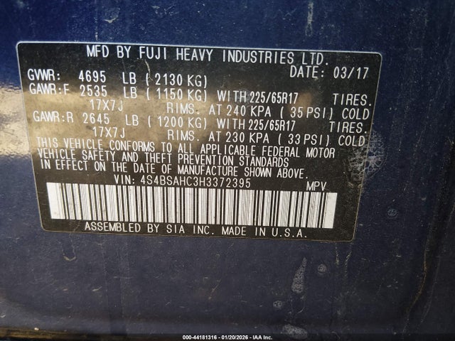 Aukcja sprzedaży 2017 Subaru Outback 2.5i Premium, vin: 4S4BSAHC3H3372395, numer aukcji: 44181316