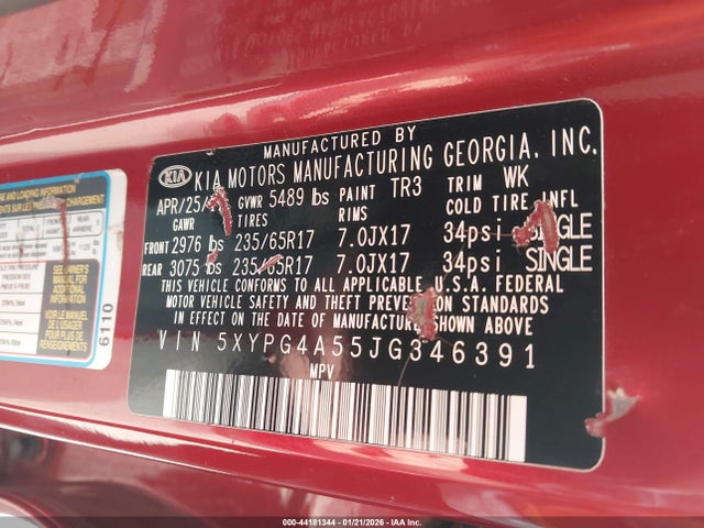 5XYPG4A55JG346391 KIA Sorento 3.3l Lx
