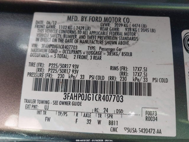 2012 FORD FUSION 3FAHP0JG1CR407703 Photo 8