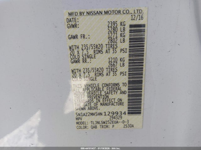 5N1AZ2MH5HN129934 Nissan Murano Platinum