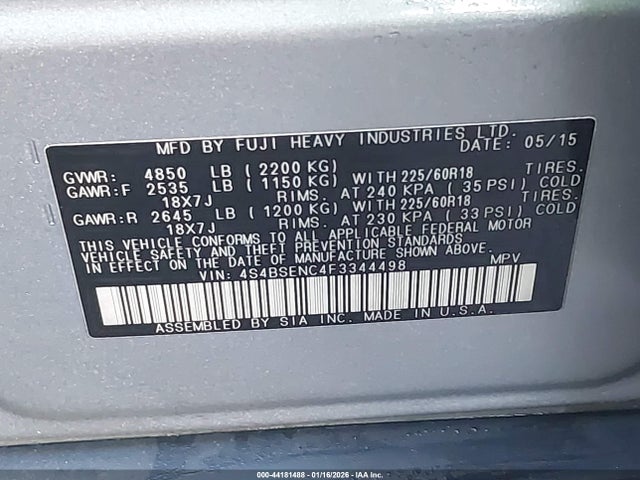 4S4BSENC4F3344498 Subaru Outback 3.6r Limited