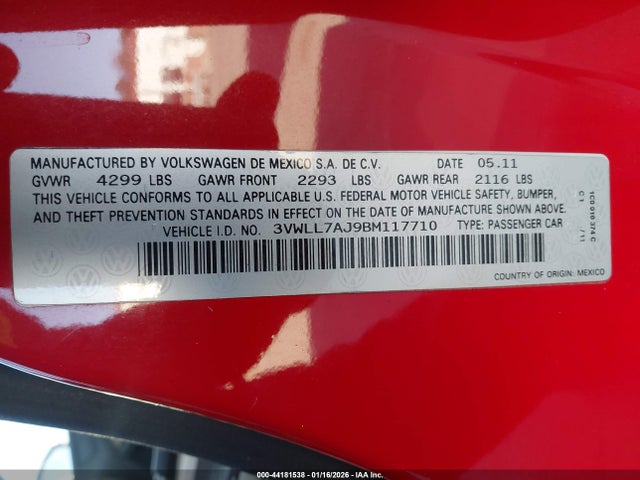 44181538 :رقم المزاد ، 3VWLL7AJ9BM117710 vin ، 2011 Volkswagen Jetta 2.0l Tdi مزاد بيع