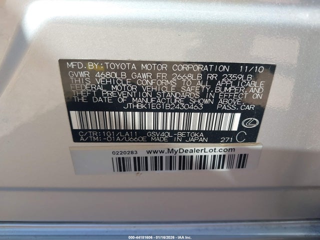 2011 Lexus Es 350 მანქანა იყიდება აუქციონზე, vin: JTHBK1EG1B2430463, აუქციონის ნომერი: 44181606