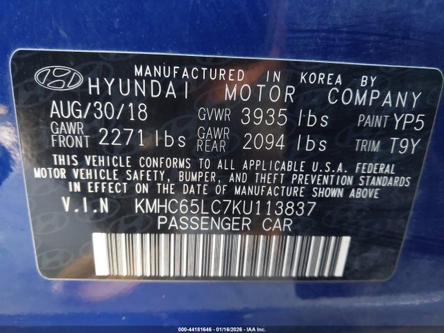 KMHC65LC7KU113837 Hyundai Ioniq Hybrid Blue
