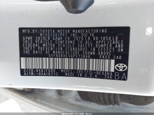 Продажа на аукционе авто 2016 Toyota Corolla S Plus, vin: 5YFBURHE4GP513866, номер лота: 44181665