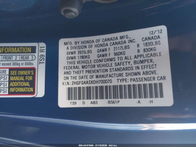44181666 :رقم المزاد ، 2HGFG4A5XDH700070 vin ، 2013 Honda Civic Si مزاد بيع