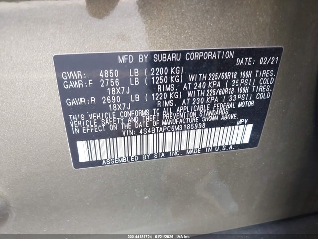 Aukcja sprzedaży 2021 Subaru Outback Touring, vin: 4S4BTAPC6M3185998, numer aukcji: 44181724